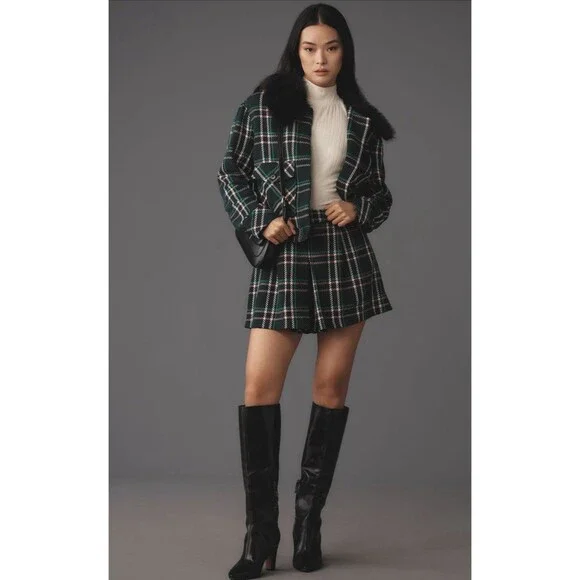 Anthropologie Maeve Collar Coat Women Green Plaid Crop Faux Fur Retro Large NWT